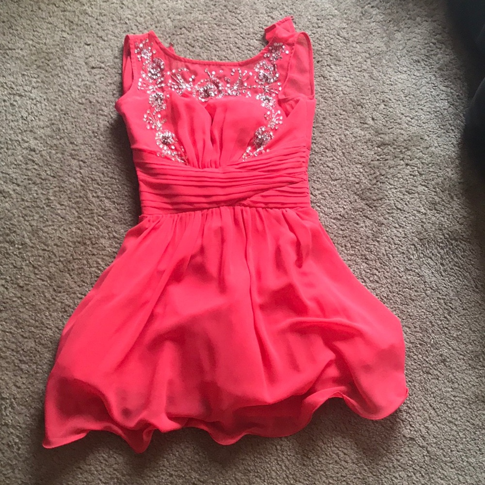 size 2 salmon puff dress with beaded bodice